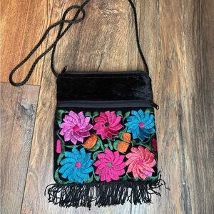 Floral Embroidered Black Crossbody Bag